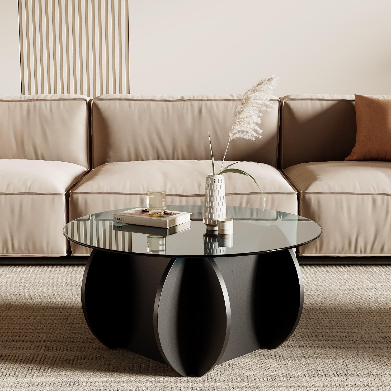 round Glass Coffee Table, 30.7" Small Coffee Table with Tempered Glass Top and Wood Grain Base, Modern Circle Coffee Table for Living Room, Easy Assembly, Black