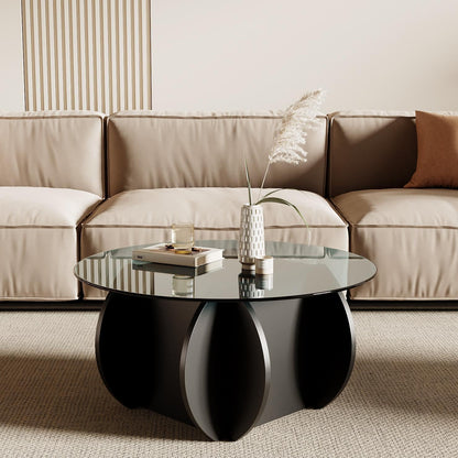 round Glass Coffee Table, 30.7" Small Coffee Table with Tempered Glass Top and Wood Grain Base, Modern Circle Coffee Table for Living Room, Easy Assembly, Black