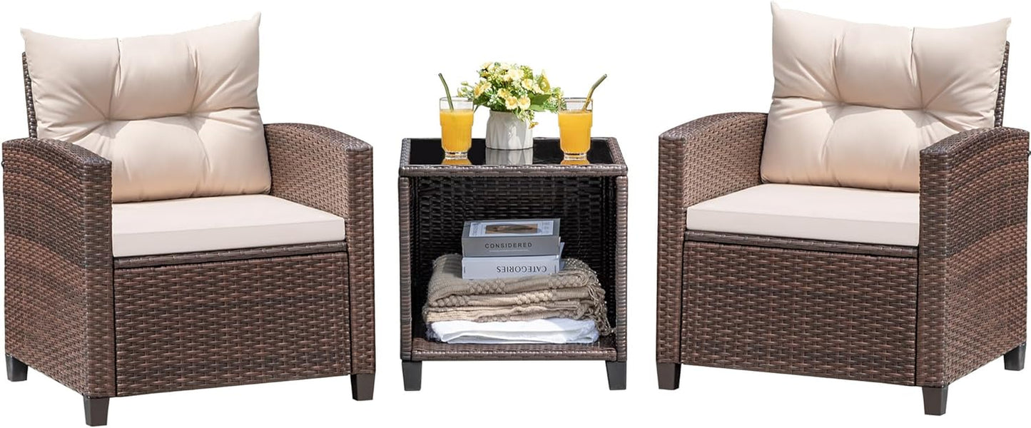 3 Pieces Patio Furniture Set, PE Rattan Wicker Patio Set with Two Outdoor Chairs and Table, Upgraded Patio Chairs and Table for Porch, Garden Poolside Balcony