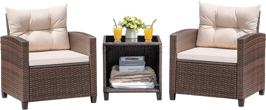 3 Pieces Patio Furniture Set, PE Rattan Wicker Patio Set with Two Outdoor Chairs and Table, Upgraded Patio Chairs and Table for Porch, Garden Poolside Balcony
