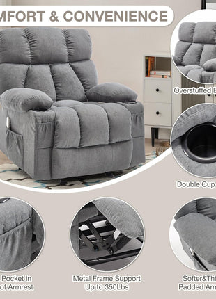 Ergonomic Massage Rocker Recliner Chair with Heat and Vibration - Overstuffed Lounge Chair for Living Room with 4 Side Pockets and 2 Cup Holders in Grey