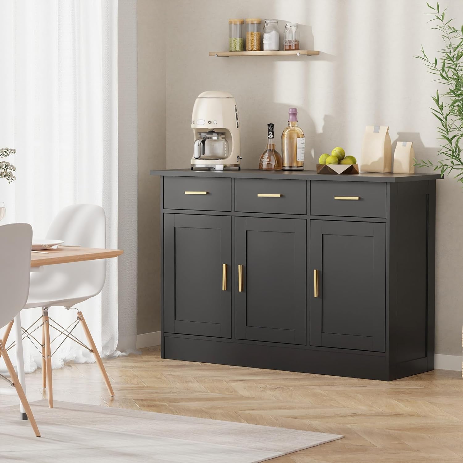 Buffet Cabinet with Storage - Buffets & Sideboards Kitchen Storage Cabinet, Wood Console Table Coffee Bar Accent Cabinets for Living Room Dining Room Entryway Large 3 Doors & Drawers, Black 47.2"W