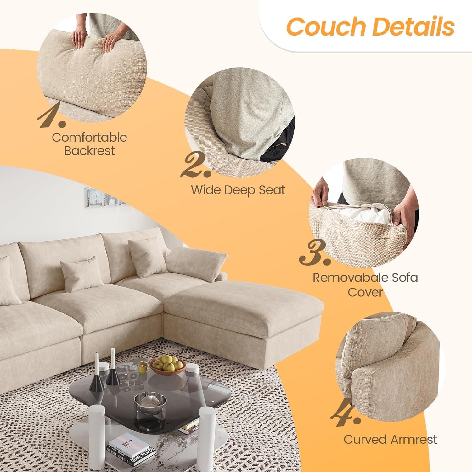 U-Shaped Sectional Couches for Living Room, Cloud Sectional Couch with Deep Seat, 155.9" Modular Sofa with Chaise, Covers Removable & Washable, Sofas Furniture for Living Room, Khaki