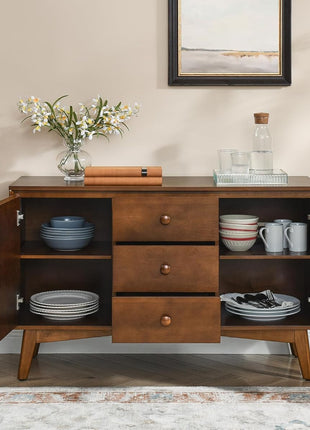 47.3" Mid-Century Modern Sideboard Buffet Cabinet with Solid Wood Frame and Legs, Featuring 2 Doors and 3 Drawers for Kitchen and Entryway in Walnut Finish