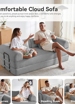 Convertible Sleeper Sofa Bed with Pillow - Corduroy Fabric, High-Density Sponge, Fixed-Shape Frame, Modular Design for Living Room, Lounge, Studio (Light Grey)