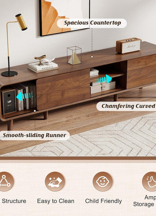 70-Inch Mid-Century Modern TV Stand for TVs up to 80 Inches, Entertainment Center with Storage and Adjustable Shelves in Walnut Finish