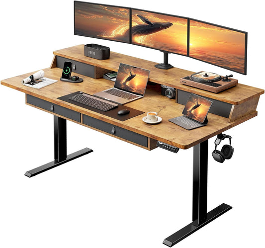 Electric Standing Desk with 4 Drawers, Height Adjustable Desk with Storage, C-Clamp Mount Compatible, Computer Home Office Table with Cable Management Tray