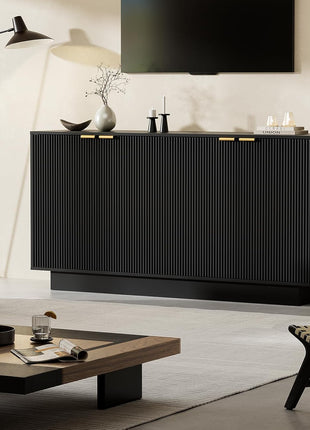 63-Inch Modern Fluted Sideboard Buffet Cabinet with Adjustable Shelves, Console Table Wine Bar Accent Credenza Featuring 4 Doors for Dining Room, Living Room, and Hallway (Black)
