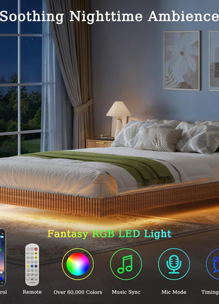 3-Piece Queen Bedroom Set with Floating Bed Frame, Smart LED Lighting, and Two Nightstands in Fluted Walnut Finish