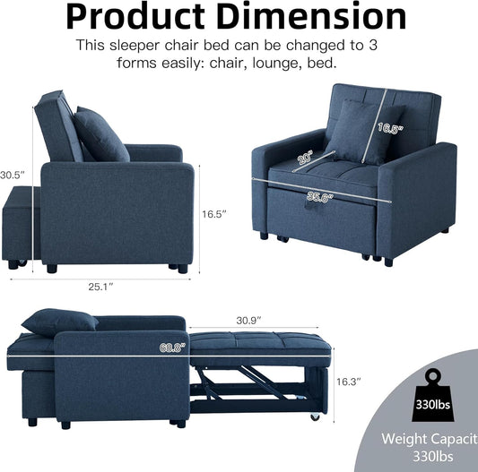 Sleeper Sofa Bed 3-In-1 Sleeper Chair Pull Out Bed, Futon Couch, Convertible Sofa Bed with Reclining Backrest, 35.6" (Blue)