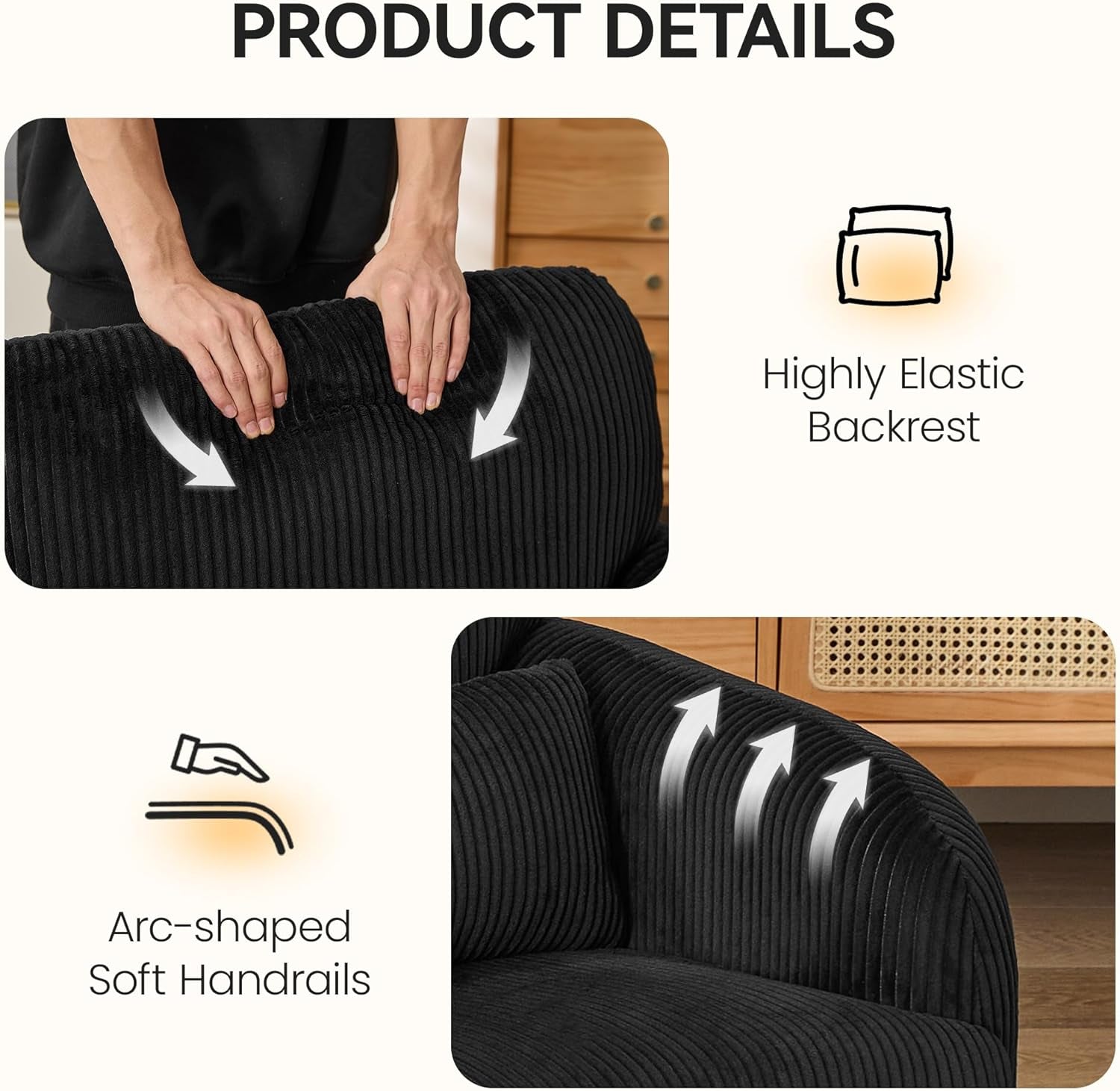 Modern Accent Chair, Comfy Upholstered Corduroy Armchair, Stylish Lounge Reading Chair for Living Room, Bedroom, Black