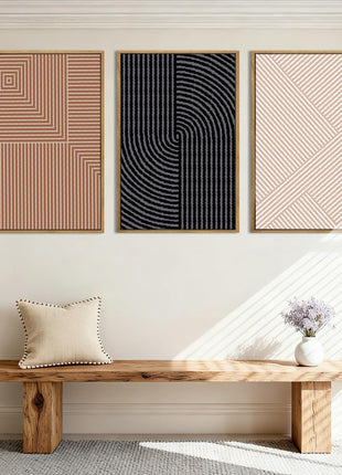 Neutral Abstract Modern Canvas Wall Art Set of 3 - Framed Black, White, and Beige Decor for Boho Minimalist Aesthetics, Geometric Line Paintings for Living Room, Bedroom, and Office - 16x24 Inches