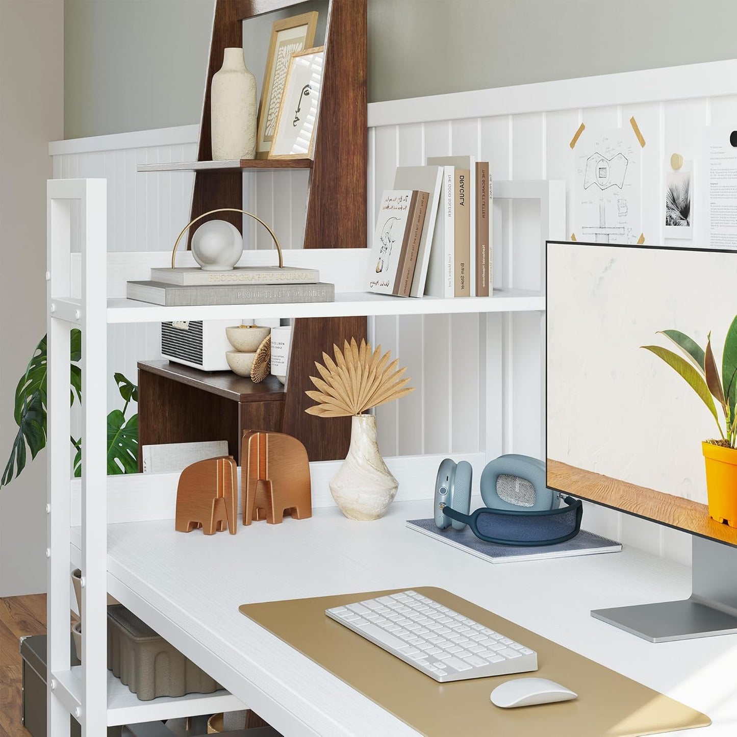 Computer Desk 47 Inch with Storage Shelves Study Writing Table for Home Office,Modern Simple Style, Elegant White