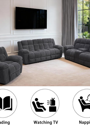 3-Piece Sectional Recliner Sofa Set with Storage and Cup Holders in Dark Grey - Corduroy Living Room Furniture for Home or Office