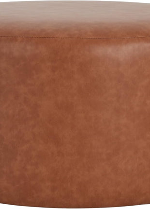 GAVI 30-Inch Round PU Leather Ottoman Footstool, Upholstered Footrest and Modern Side Table for Living Room and Bedroom, Cognac Brown