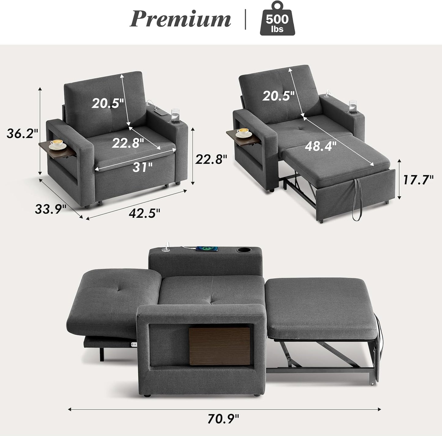 42.5" Sleeper Chair Bed, 3-In-1 Oversized Convertible Sleeper Sofa Chair with Pull Out Bed, Reclining Adjustable Backrest/Usb Ports/Table/Cup Holder, Tool-Free Assembly, Premium Dark Gray