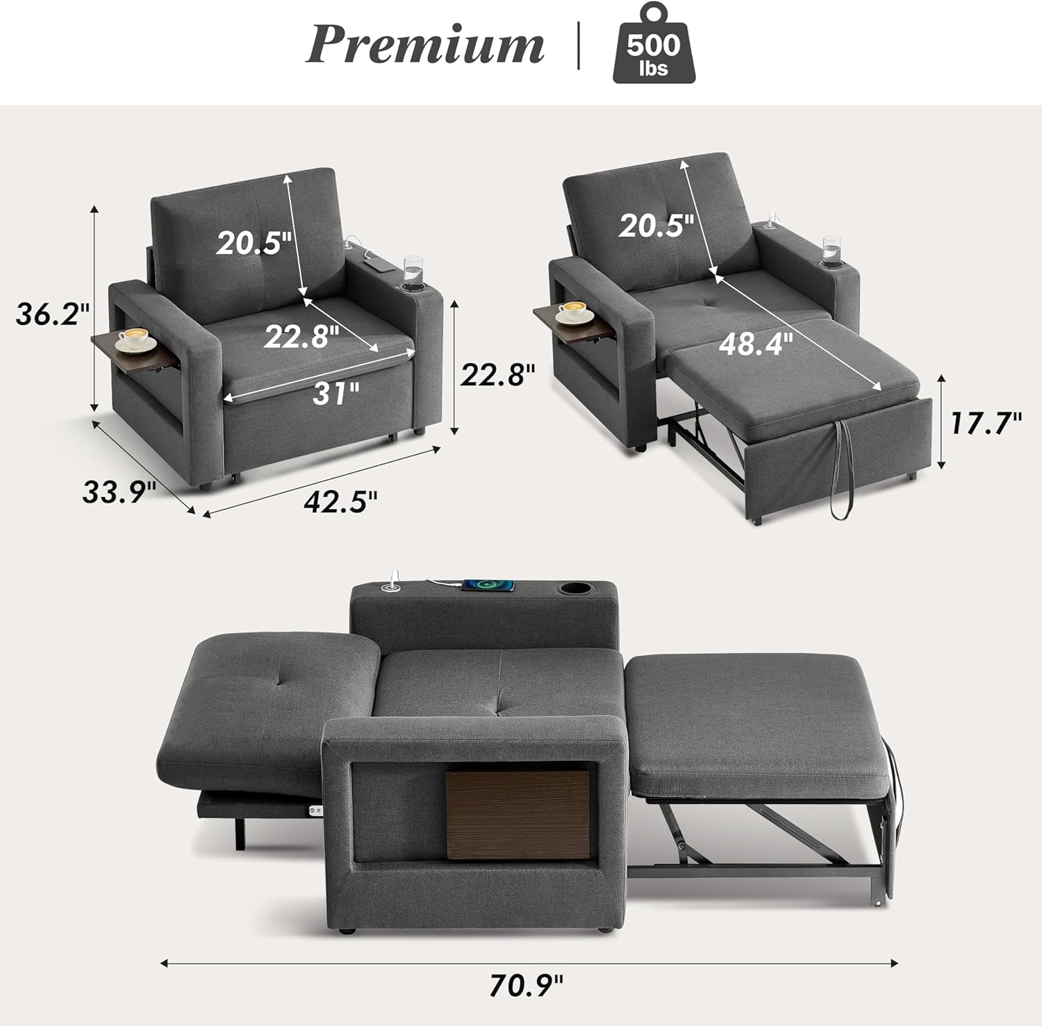 42.5" Sleeper Chair Bed, 3-In-1 Oversized Convertible Sleeper Sofa Chair with Pull Out Bed, Reclining Adjustable Backrest/Usb Ports/Table/Cup Holder, Tool-Free Assembly, Premium Dark Gray