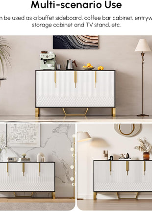 59-Inch Contemporary Buffet Sideboard Cabinet with Storage - Stainless Steel Frame, Four Doors, and Adjustable Shelves for Dining Room, Living Room, and Entryway