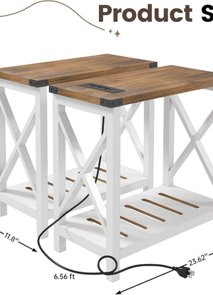 Set of 2 Farmhouse End Tables with Charging Station, Slim Nightstand for Compact Spaces, Storage Shelf, White and Brown Finish