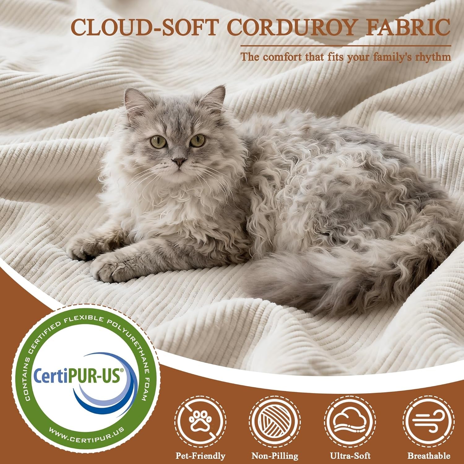 Modular Sectional Sofa for Living Room, 108" Cloud Couch Sectional with L-Shape Chaise, Modern Upholstered Corduroy Boneless Couch with Memory Foam Deep Seat, No Assembly Required (Beige)