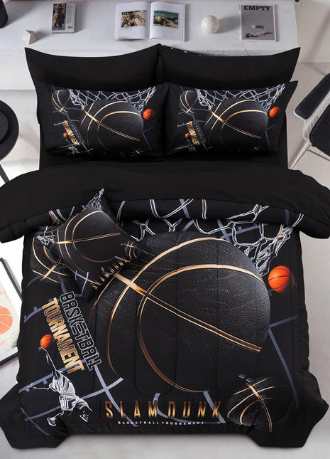 Basketball Court Themed Comforter Set, 6-Piece Bedding Set for Teen Boys, Twin Size