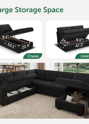 Luxurious Velvet Black Sectional Sleeper Sofa with Storage Chaise – Ideal Pull-Out Bed for Your Living Room