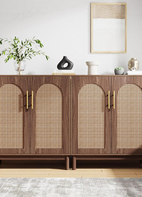 Tribesigns Set of 2 Rattan Buffet Cabinets with Storage, 59-Inch Accent Cabinet for Dining Room, Living Room, and Kitchen in Rattan and Dark Brown Finish