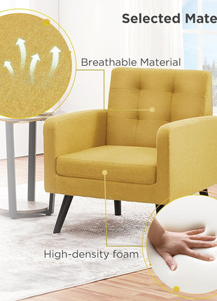 Set of 2 Mid-Century Modern Upholstered Accent Chairs with Button Tufted Back and Wooden Legs for Living Room, Bedroom, Office, or Cafe - Yellow