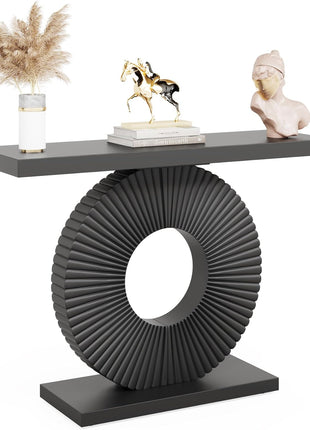 Contemporary 40-Inch Console Table with Geometric Base in Black for Living Room, Hallway, and Entryway
