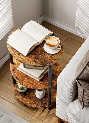 Round Pedestal End Table - 3-Tier Oval Accent Table for Small Spaces, Rustic Wood and Metal Design, Versatile Nightstand for Bedroom or Living Room, Easy Assembly, Rustic Brown Finish