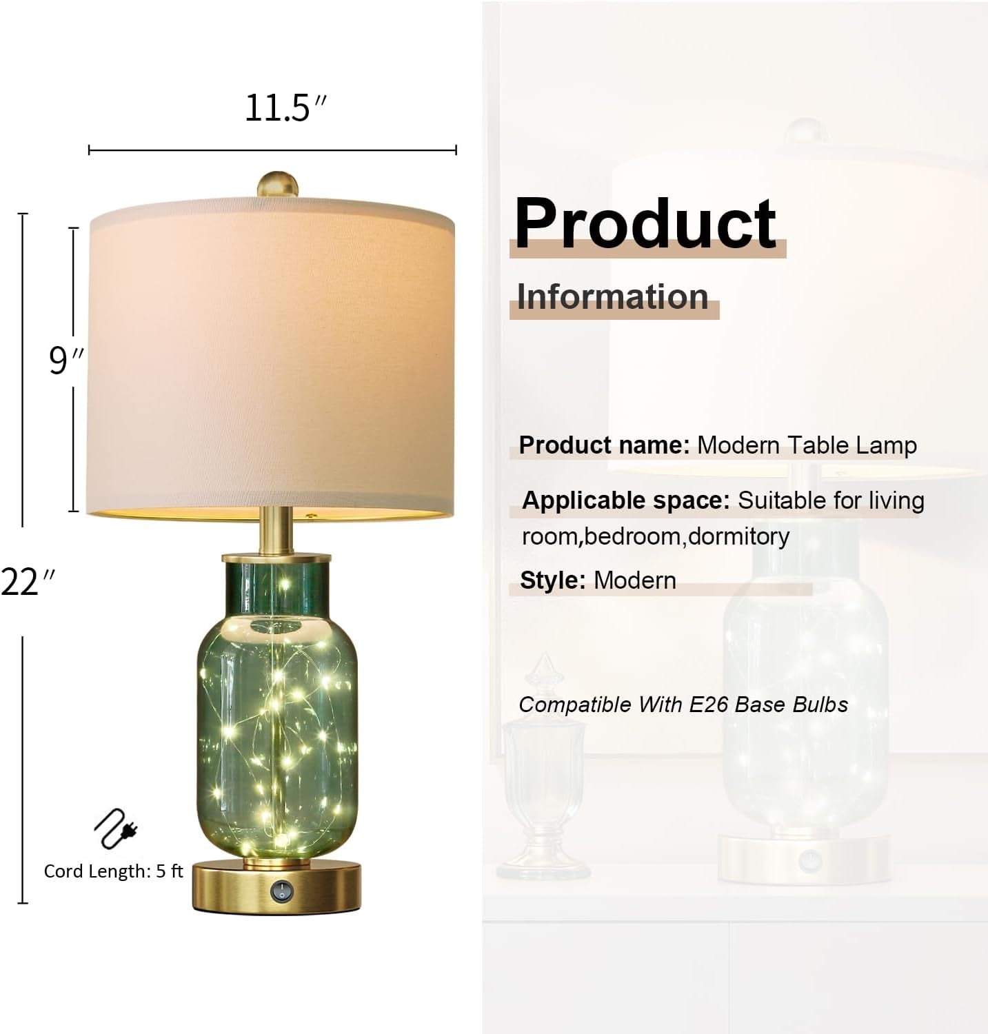 22" Glass Table Lamps Set of 2, Green Modern Bedside Lamp with LED Night Light for Living Room, Nightstand Lamp with USB Ports for Bedrooms, Study Room, End Table(2 Bulbs Included)