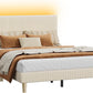 Bed Frame Queen Size with Headboard,Platform Bed Frame Upholstered with LED Lighting,Solid Wooden Bed Frame Slats Support,No Box Spring Needed, Never Squeaks, Easy Assembly,Beige