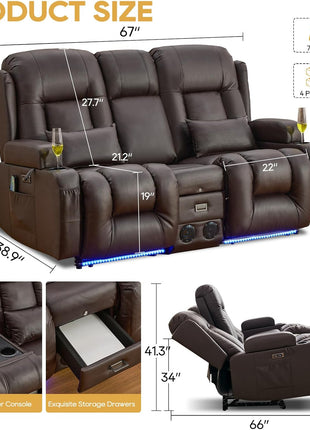 Premium Power Recliner Sofa with Flip-Up Backrest Console, USB & USB-C Ports, AC Outlet, LED Lighting, Space-Saving Design for Living Room and RV (Brown, 67" - 3 Seats) | Faux Leather, Zero Gravity, Dual Reclining, Includes 2 Lumbar Pillows and Bluetooth Speakers