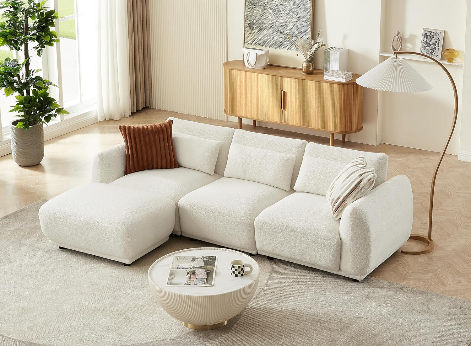 Sectional Sofa Couch,Convertible U Shaped Sectional for Living Room,Modular L Shaped Couch with Removable Ottoman.（3Set+1 Ottoman-White）