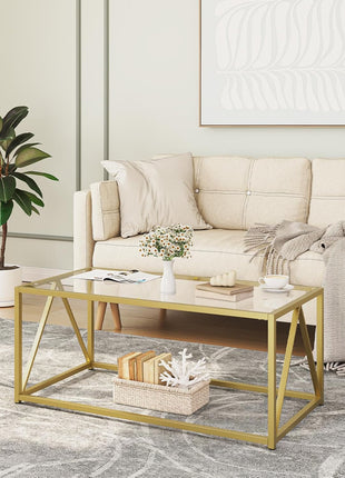 Contemporary Gold Glass Coffee Table for Living Room and Office, 39.4 x 19.7 x 17.7 Inches, Easy Assembly, Model GD04KF01