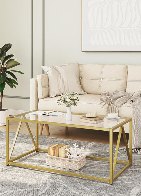 Contemporary Gold Glass Coffee Table for Living Room and Office, 39.4 x 19.7 x 17.7 Inches, Easy Assembly, Model GD04KF01