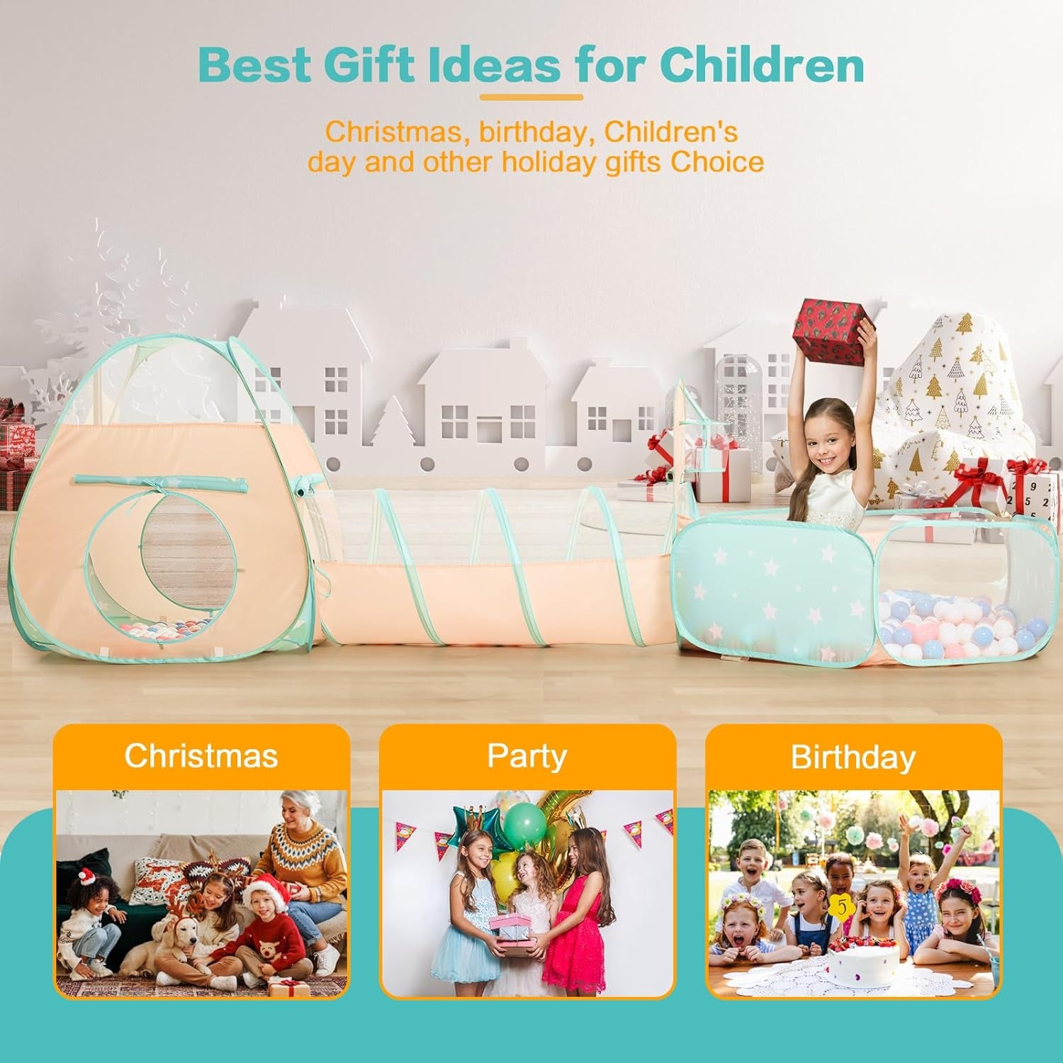 3 in 1 Kids Play Tent with Baby Ball Pit and Play Tunnel, Toddler Climbing Toys for Boys, Girls, Babies, Indoor Outdoor Pop up Playhouse Tunnel Toys (Balls NOT Included)