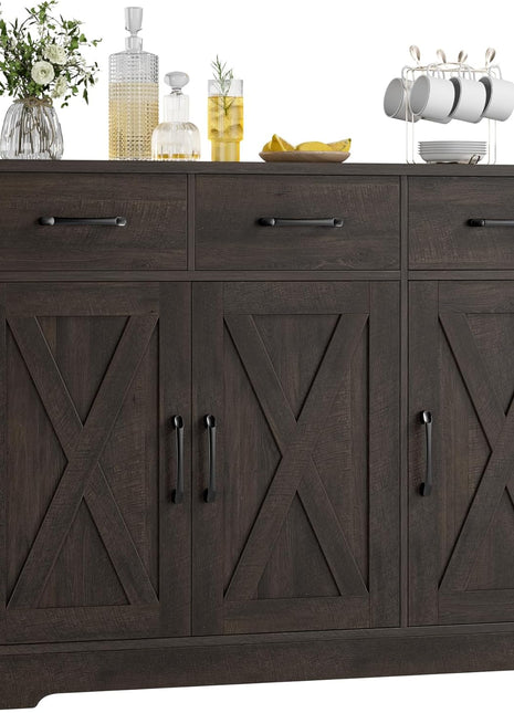 Modern Farmhouse Buffet Sideboard Cabinet with Barn Doors, Drawers, and Shelves - Dark Brown Wood Storage Solution for Dining Room, Kitchen, and Living Room