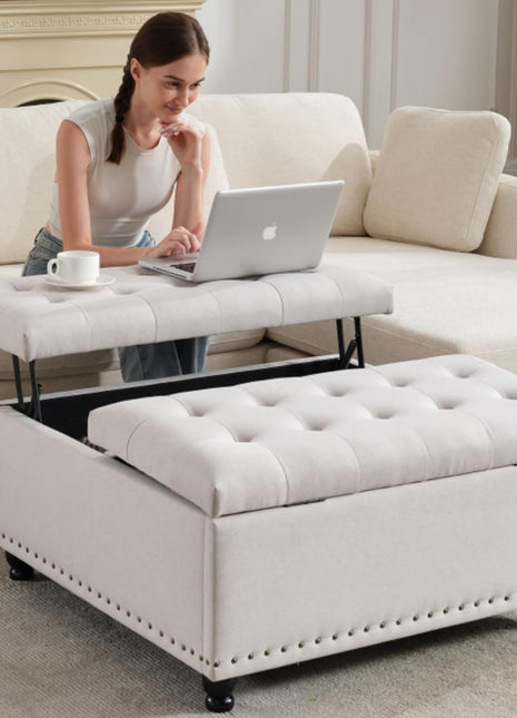 Oversized Tufted Upholstered Square Storage Ottoman Bench with Lift Top and Solid Wood Legs, Ideal Coffee Table for Living Room (Beige)