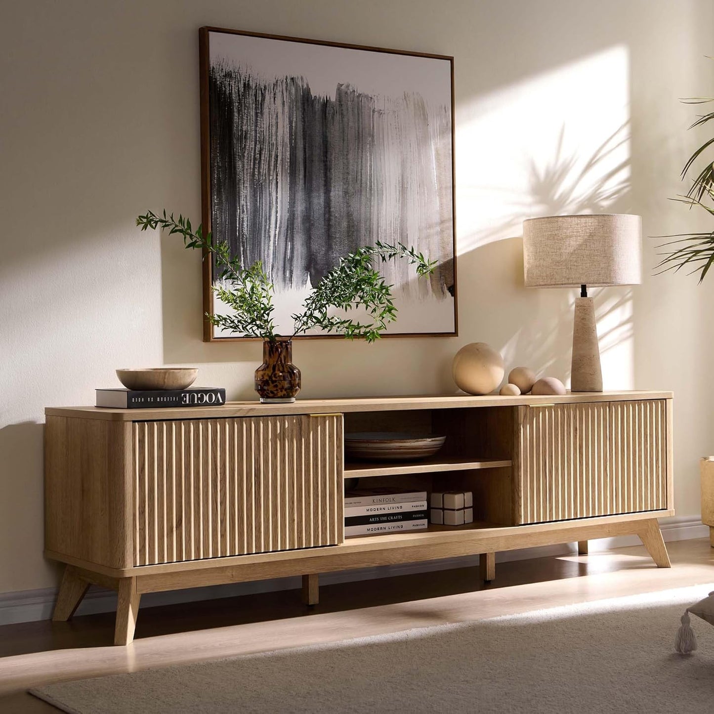 70" Mid Century Modern Fluted TV Stand, Entertainment Center, Sideboard, Media Console for Living Room with 2 Soft Close Door/Adjustable Shelves (Natural Oak)