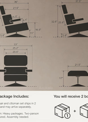 Mid-Century Modern Top Grain Leather Chaise Lounge Chair and Ottoman with Durable Base Support, Walnut and White Finish for Living Room, Study, or Office