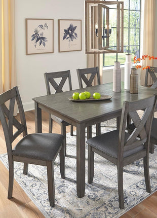 Caitbrook Rustic 7-Piece Dining Set by Signature Design by Ashley - Rectangular Table with Six X-Back Upholstered Chairs in Gray