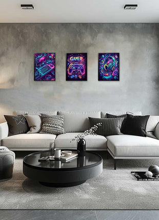 Game Room Canvas Wall Art Set - 16x12 Inch Framed 3-Piece Collection with 6 Additional 8x10 Posters, Neon Gaming Theme Decor for Boys and Youth Bedrooms