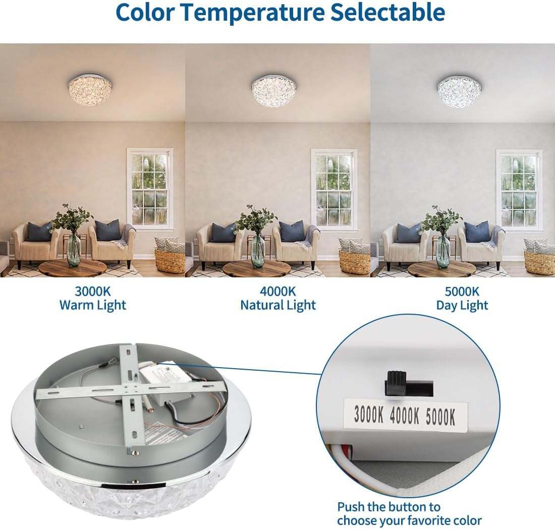LED Ceiling Light Fixture Flush Mount, Crystal Chandelier Modern Ceiling Light for Kitchen, Hallway, Living Room, Foyer, Closet, 12In 15W 1640LM, 3/4/5000K CCT Selectable, Dimmable