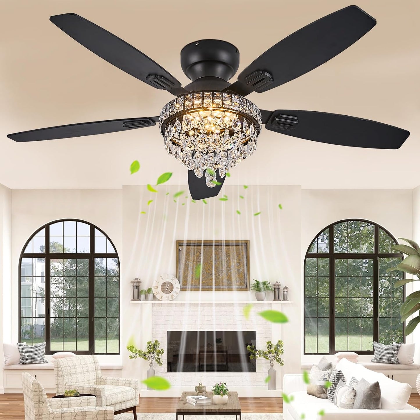 Crystal Ceiling Fan Fandelier with Lights-Ceiling Fans with Lights,50" Low Profile and Remote Control, Flush Mount, Reversible, Dimmable, Noiseless, Black Ceiling Fan for Bedroom