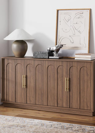 Mid-Century Modern Sideboard Buffet Cabinet with Arched Doors, Modular Media Console and Minimalist Design for Living Room, Kitchen, Dining Room, and Entryway in Walnut Finish