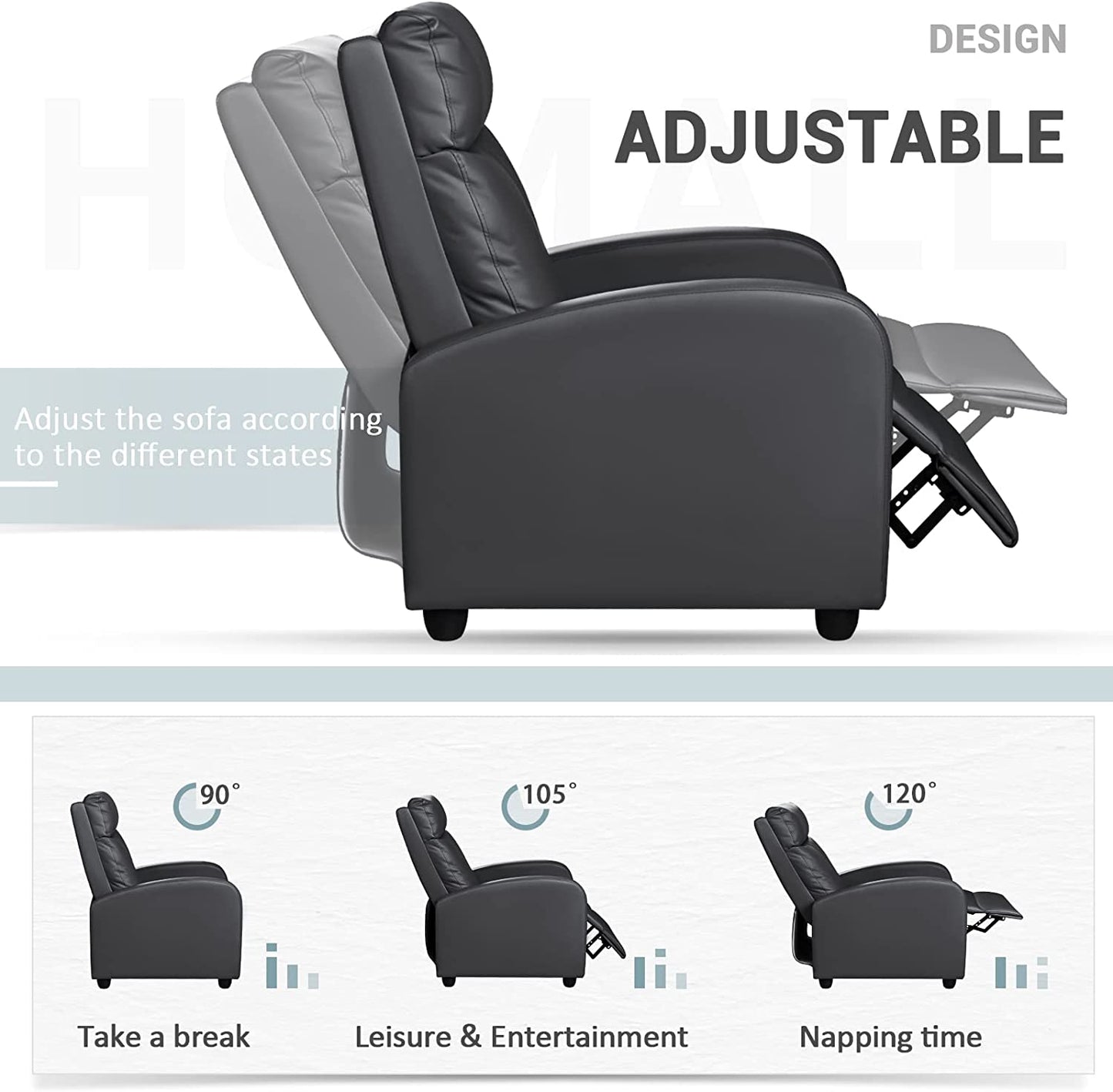 Modern Recliner Chair Padded Seat Pu Leather for Living Room Single Sofa Recliner Seat Club Chair Home Theater Seating (Black)