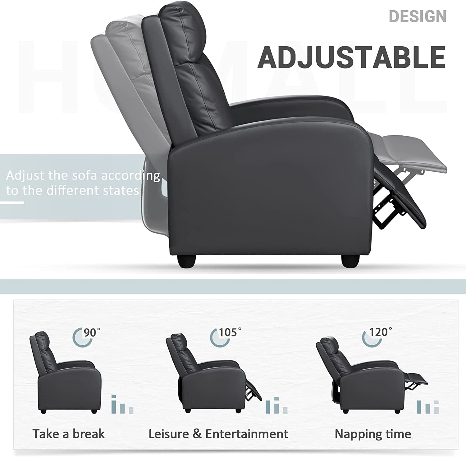 Modern Recliner Chair Padded Seat Pu Leather for Living Room Single Sofa Recliner Seat Club Chair Home Theater Seating (Black)