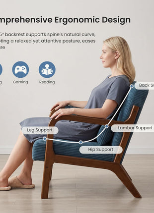 Mid-Century Modern Upholstered Accent Chair with Lumbar Support and Solid Wood Frame, Ideal for Compact Living Spaces, Navy Blue
