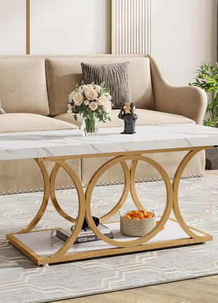 46.45” Contemporary Rectangle Coffee Table with Faux Marble Surface and Geometric Legs, Two-Tier Design Featuring Storage Shelf (White & Gold)